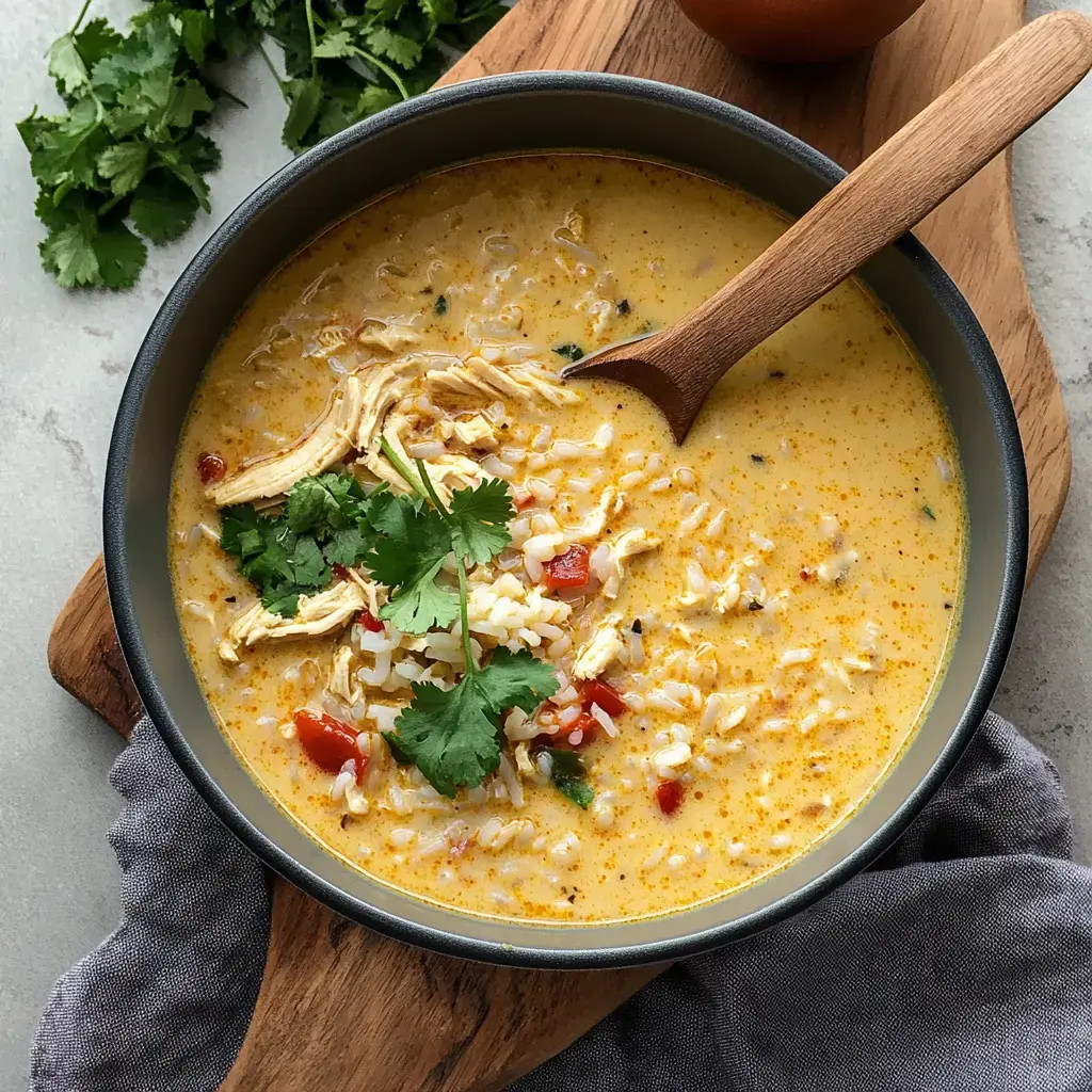 A bowl of creamy chicken soup with rice, topped with cilantro and a wooden spoon, is placed on a wooden board alongside fresh cilantro and a grey cloth.