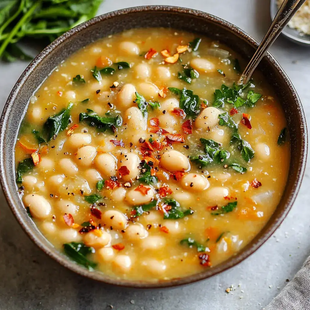 A bowl of creamy white bean soup with kale and garnished with red pepper flakes.