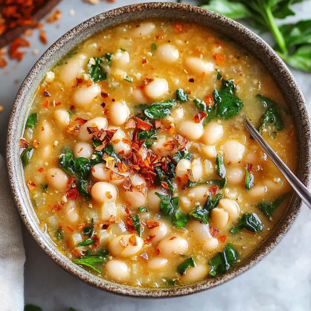 A close-up view of a bowl of creamy white bean and spinach soup, garnished with dried red pepper flakes.