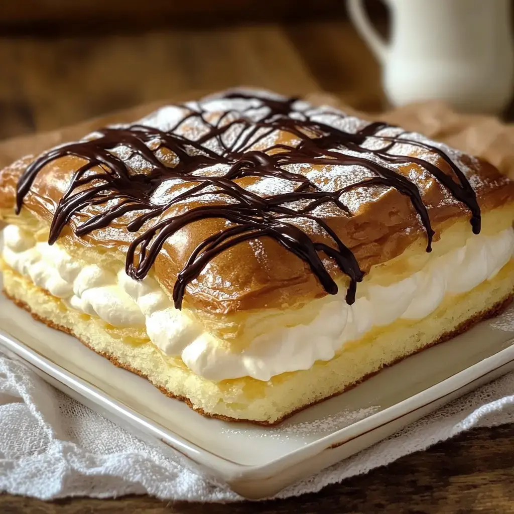 A rectangular cake with layered cream and a chocolate drizzle sits on a white plate, surrounded by a textured cloth.