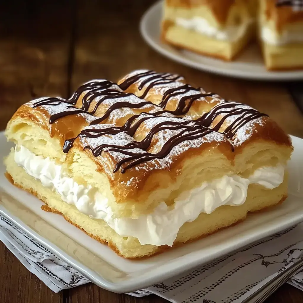 A close-up view of a slice of layered pastry filled with whipped cream, topped with chocolate drizzle and powdered sugar.