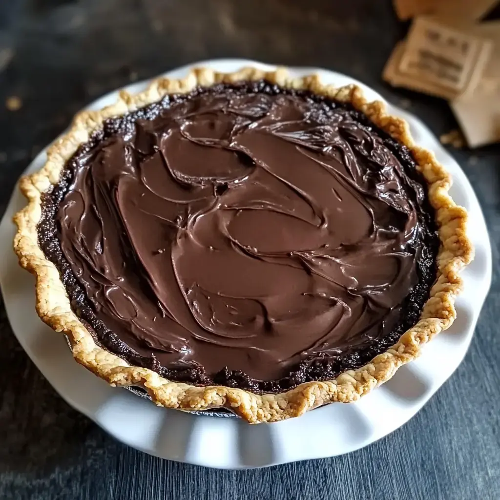 A chocolate pie with a smooth, glossy topping sits on a white plate against a dark wooden background.