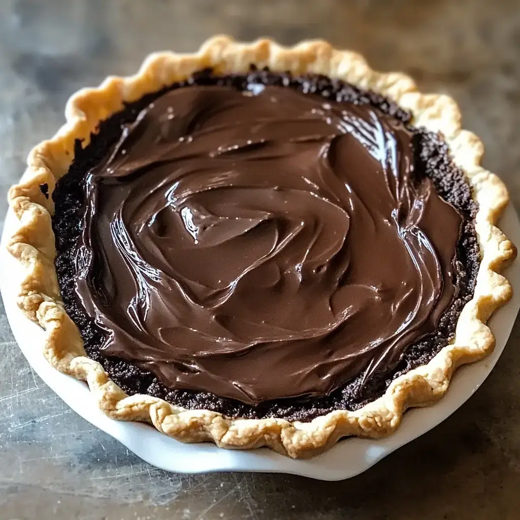 A chocolate pie with a smooth, glossy chocolate filling in a fluted crust.