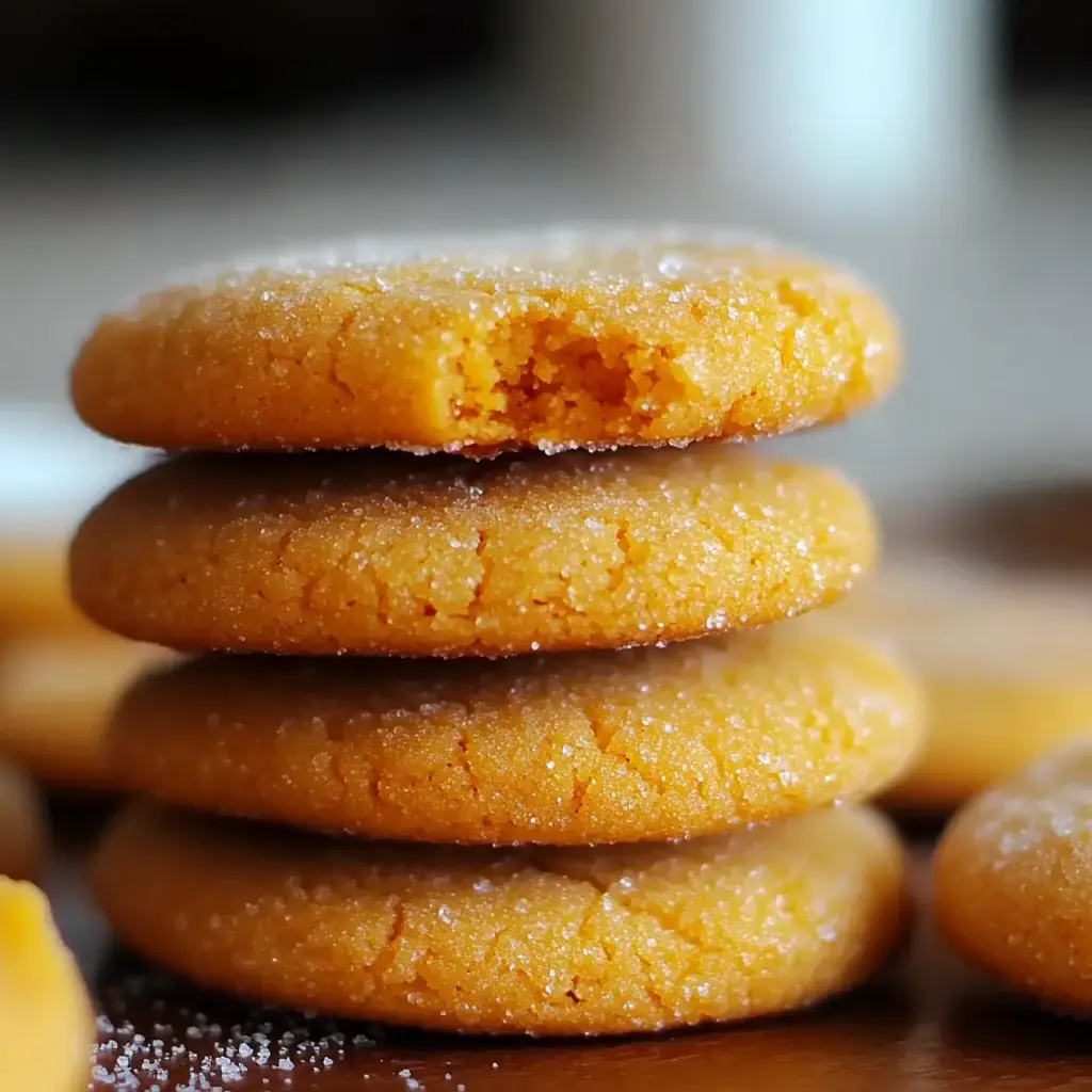 A stack of four golden-orange sugar cookies, with one cookie partially bitten, sits on a wooden surface, dusted with sugar.