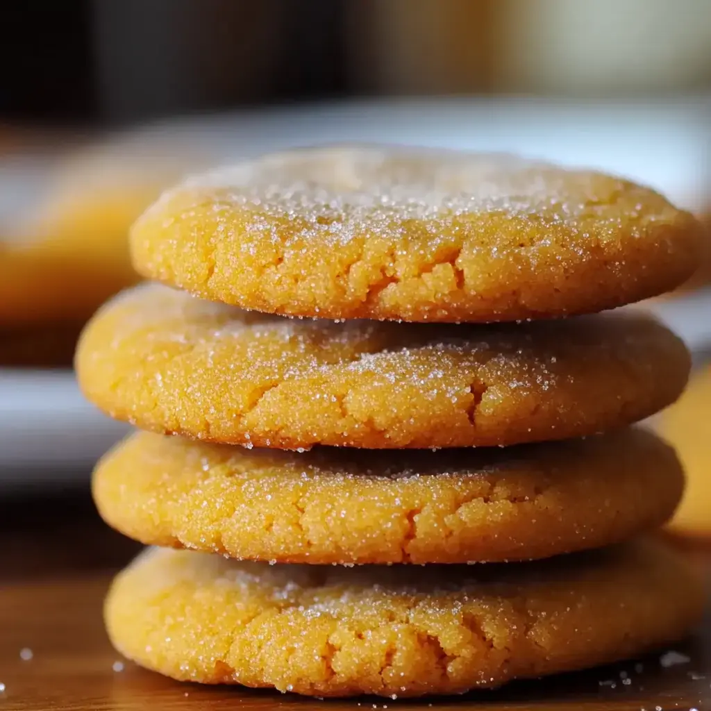 A stack of four golden cookies, lightly sprinkled with sugar, resting on a wooden surface.