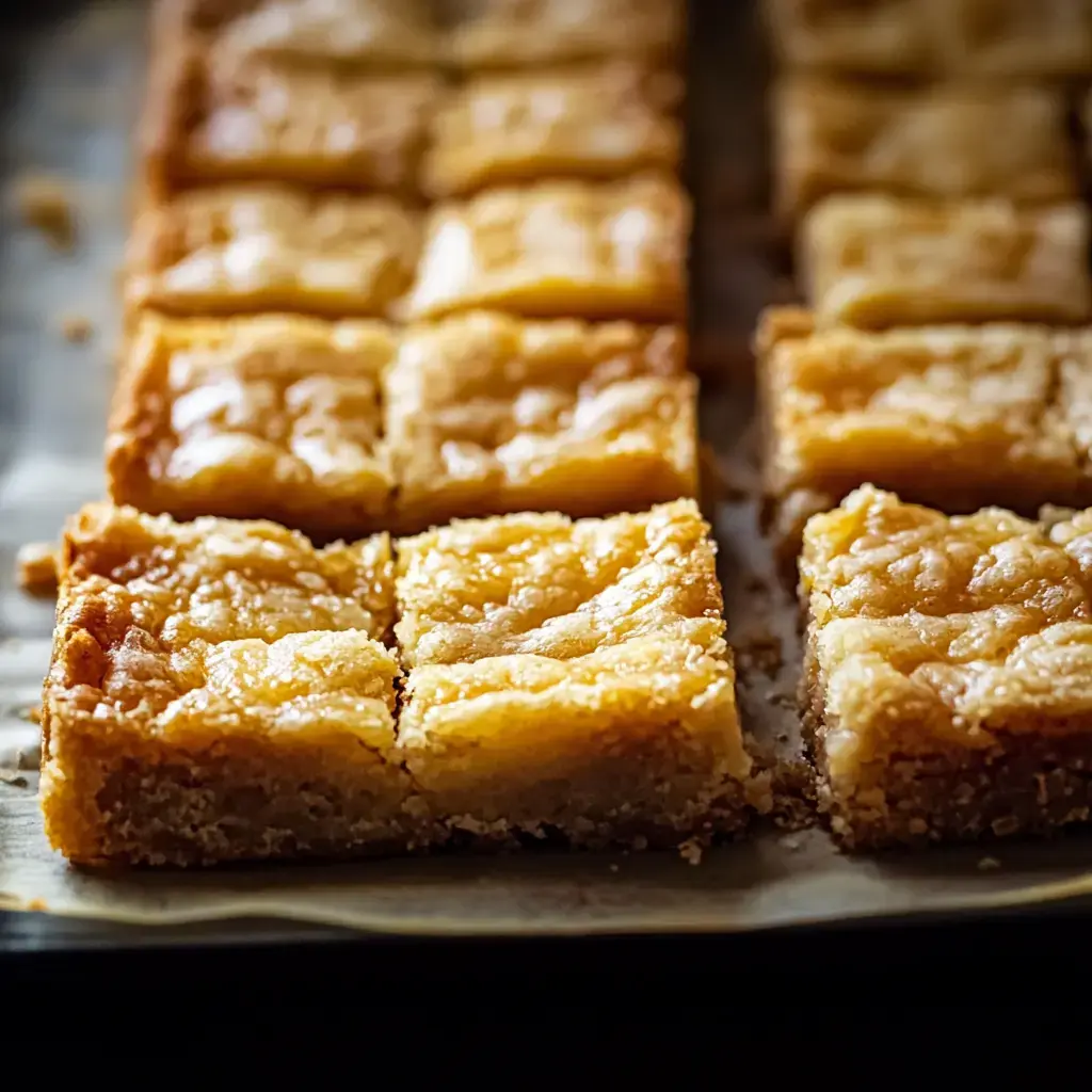 A close-up of golden, square pieces of baked dessert arranged on parchment paper.