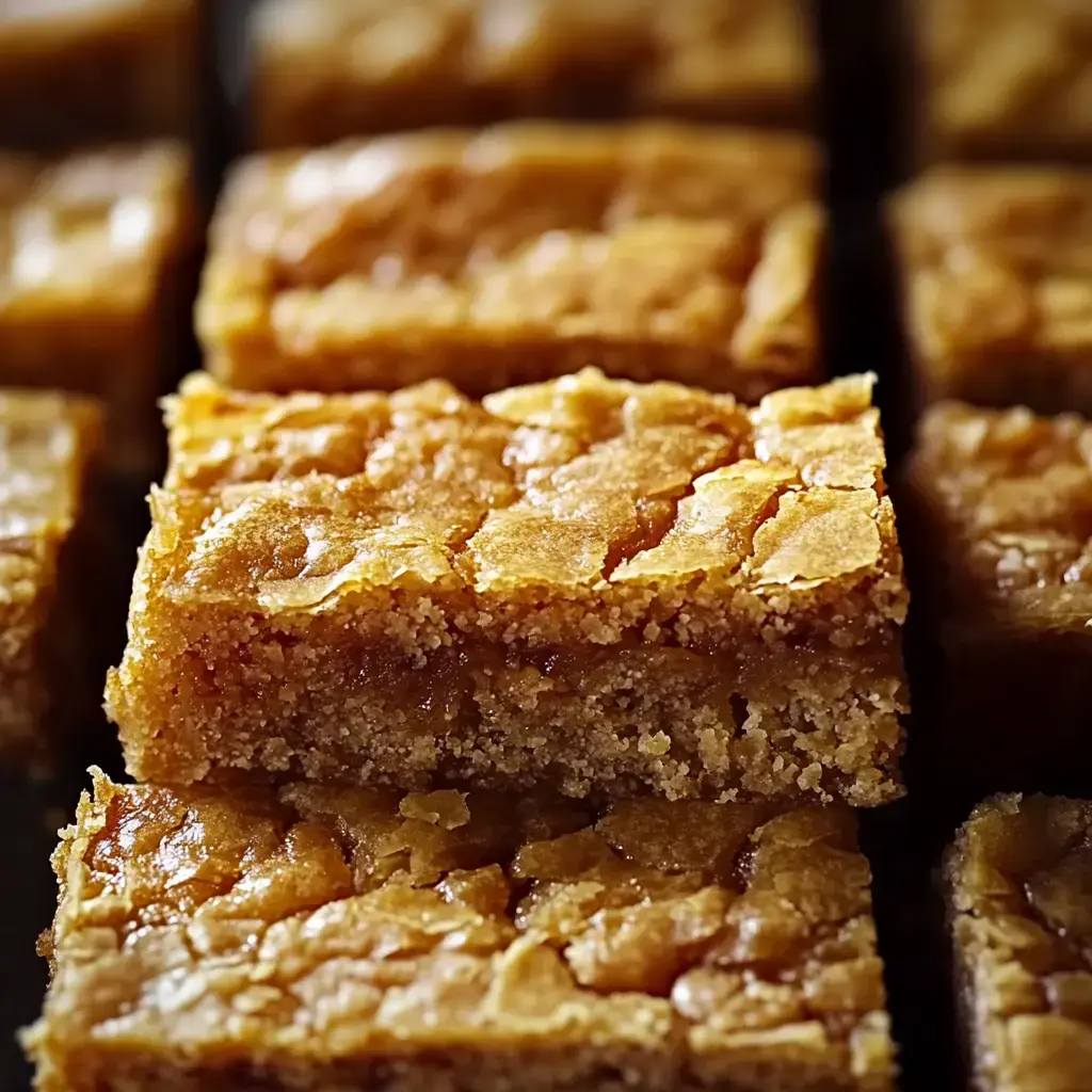 A close-up of golden, baked bars cut into squares, showcasing a crispy top and a moist, crumbly texture.