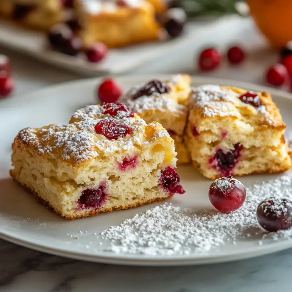 A close-up of a plate featuring slices of cake mixed with cranberries, dusted with powdered sugar, alongside whole cranberries.