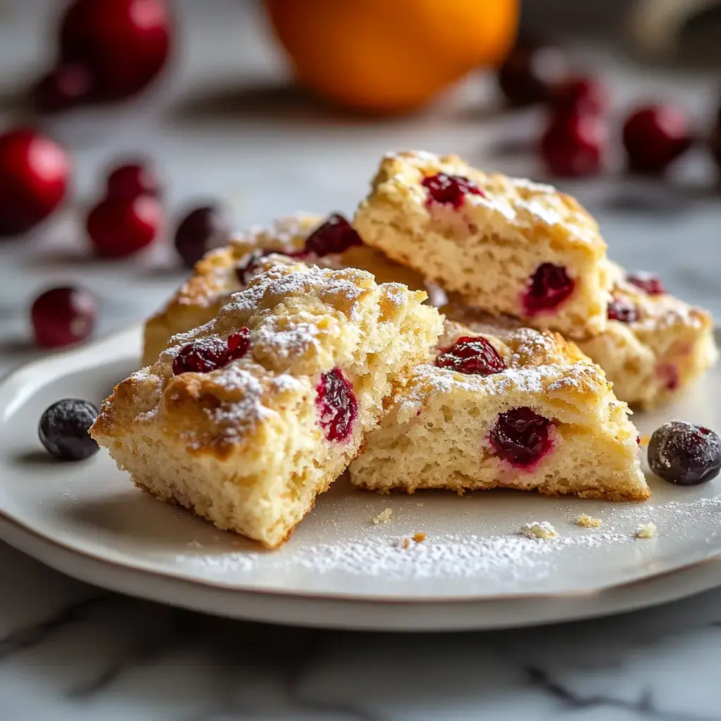 A plate of freshly baked cranberry bars dusted with powdered sugar, surrounded by fresh cranberries and an orange in the background.