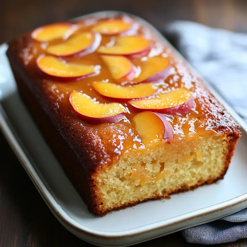 A freshly baked peach cake topped with glazed peach slices, displayed on a white plate.