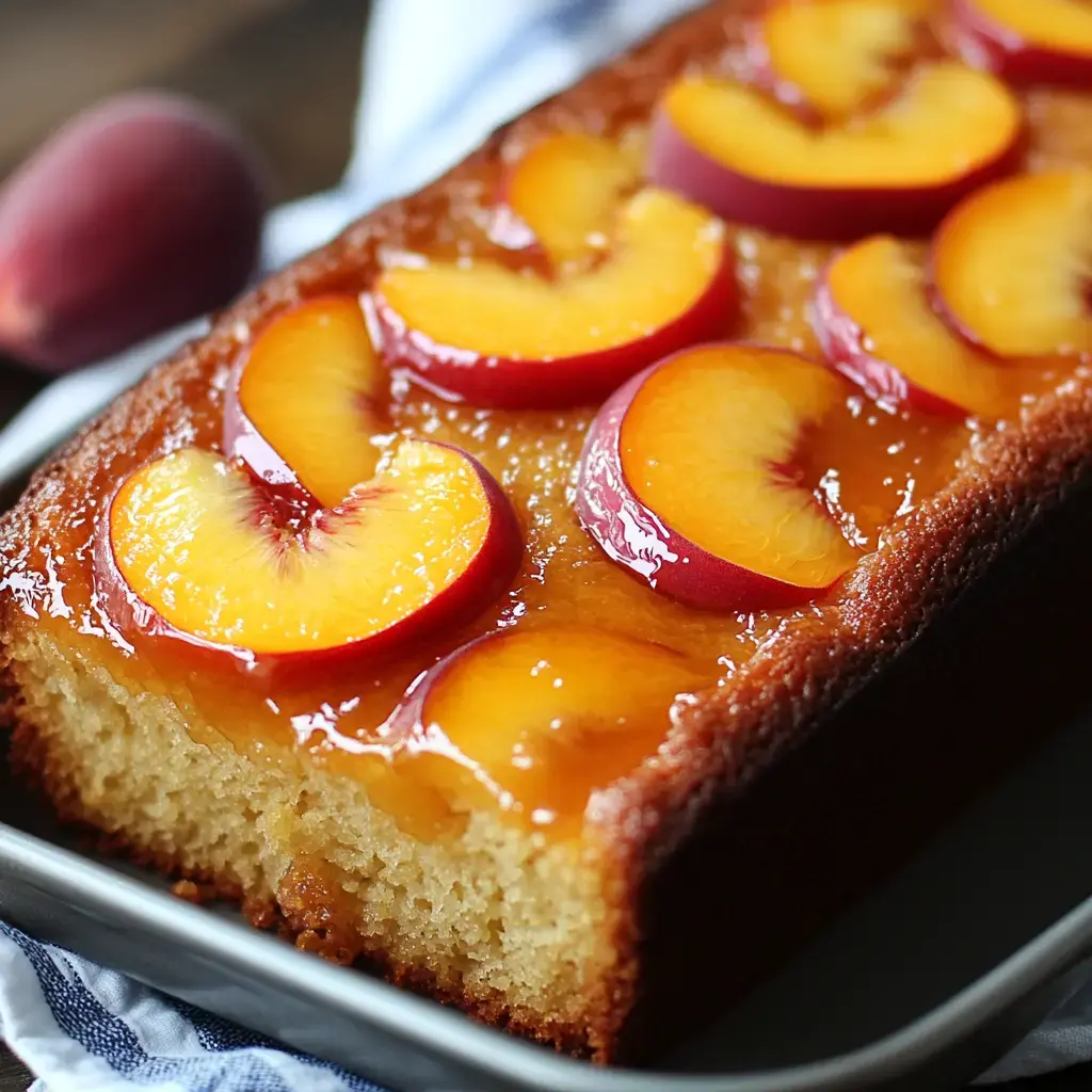 A freshly baked peach-topped cake sits on a silver tray, showcasing sliced peaches glossy with syrup.