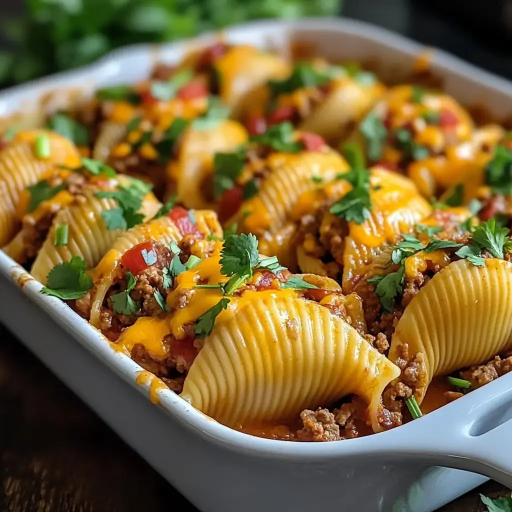 A close-up of a baked pasta dish featuring large conchiglie shells filled with seasoned ground meat, topped with melted cheese and garnished with fresh cilantro.