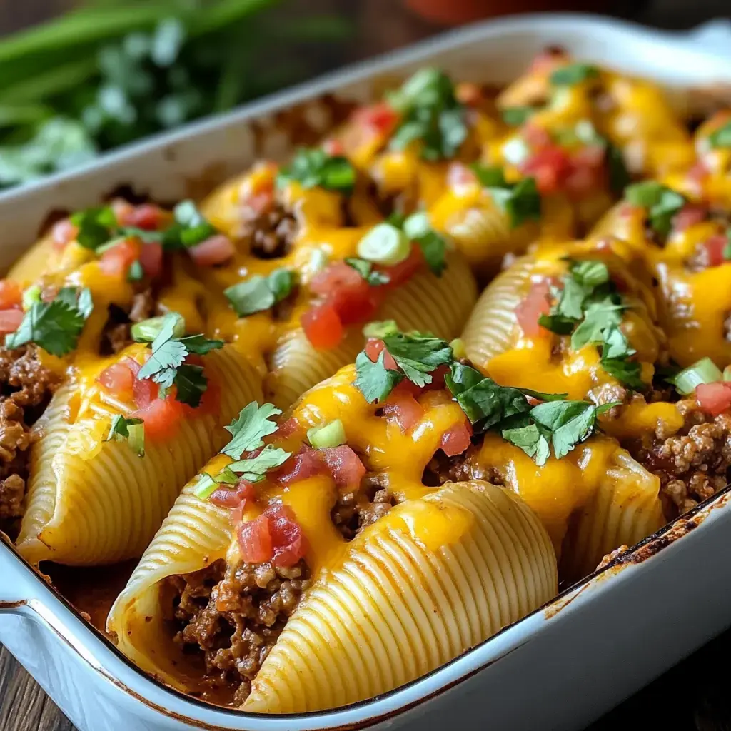 A casserole dish filled with large pasta shells stuffed with ground meat, topped with melted cheese, diced tomatoes, and fresh herbs.