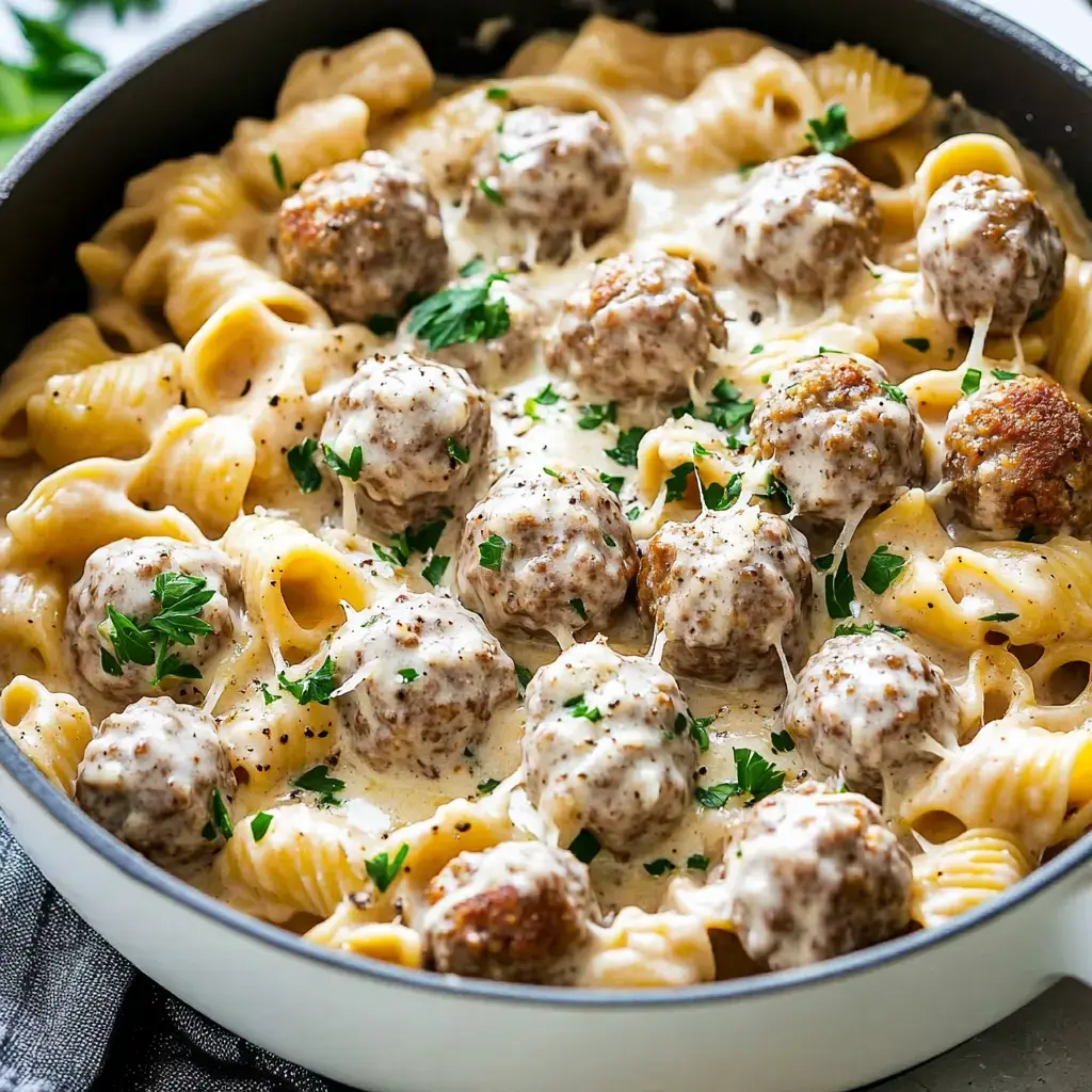 A creamy pasta dish with meatballs and garnished with parsley in a large skillet.