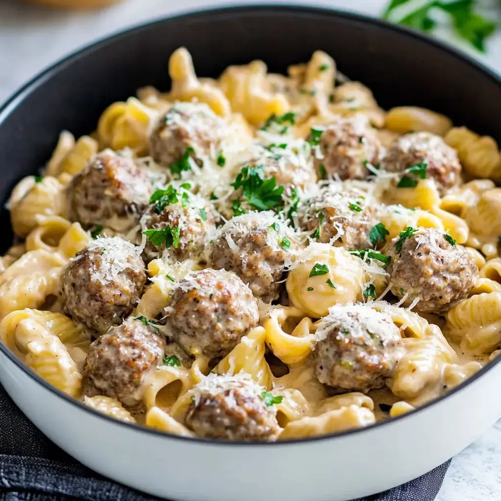 A bowl of creamy pasta topped with meatballs and garnished with parsley and grated cheese.