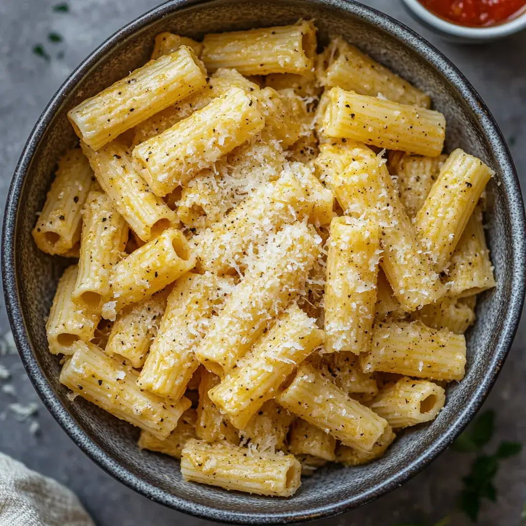 A bowl of rigatoni pasta generously topped with grated cheese and black pepper, served alongside a small dish of tomato sauce.