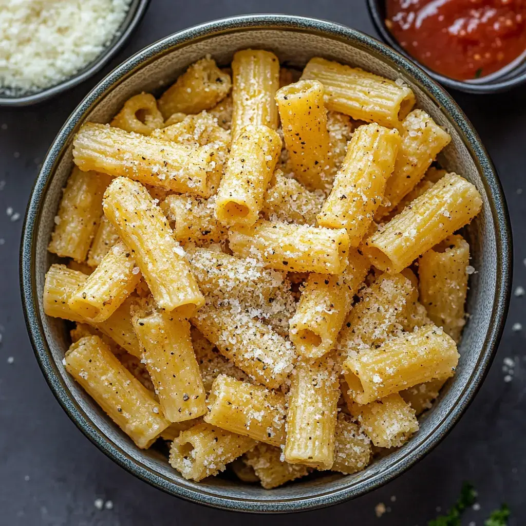 A bowl of rigatoni pasta topped with grated cheese and black pepper, accompanied by a small bowl of marinara sauce.