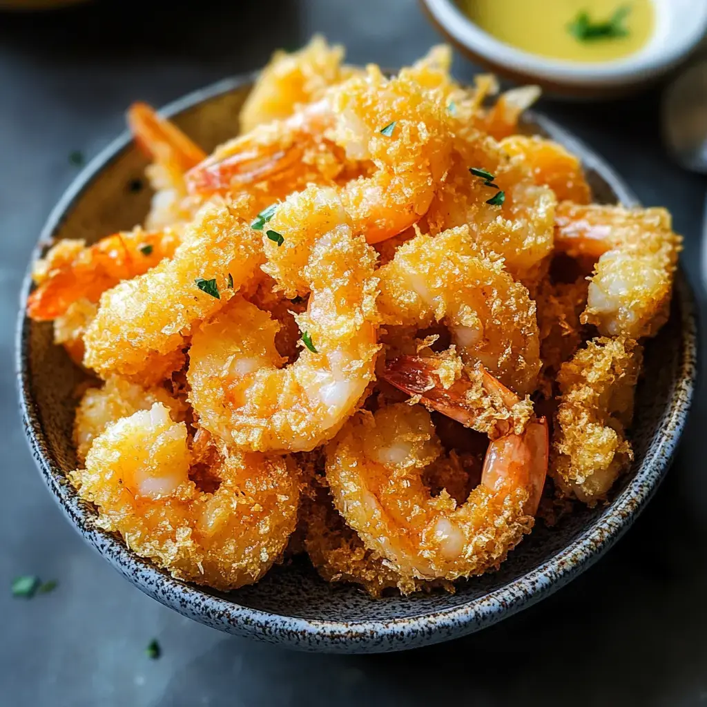 A close-up bowl filled with crispy, golden-brown fried shrimp garnished with fresh herbs.