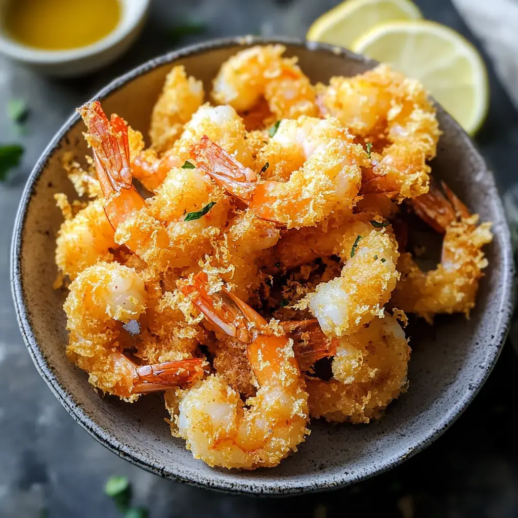 A bowl filled with crispy, golden-brown fried shrimp garnished with herbs and served with lemon slices.