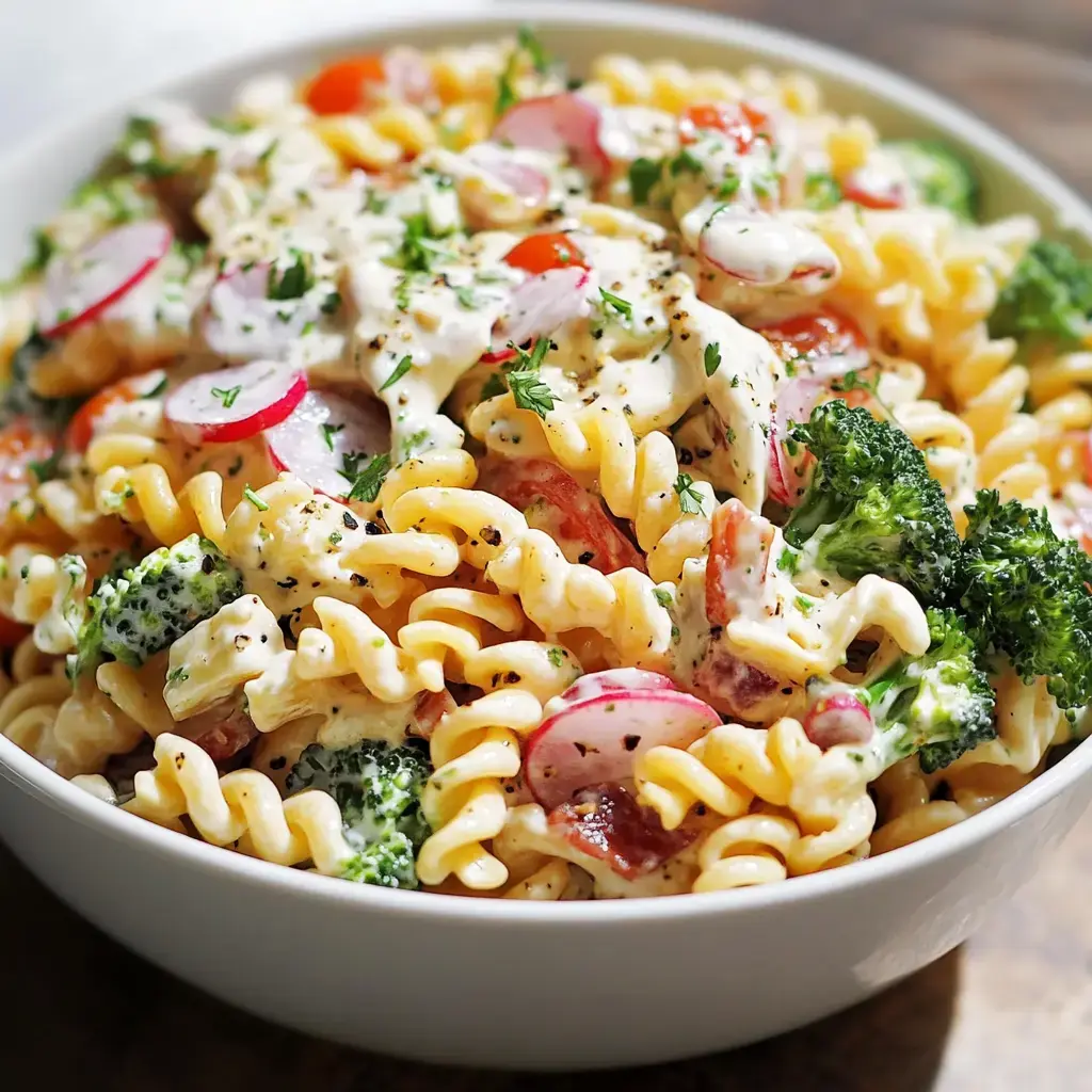 A close-up of a white bowl filled with creamy pasta salad, featuring rotini pasta, cherry tomatoes, radishes, broccoli, and herbs.