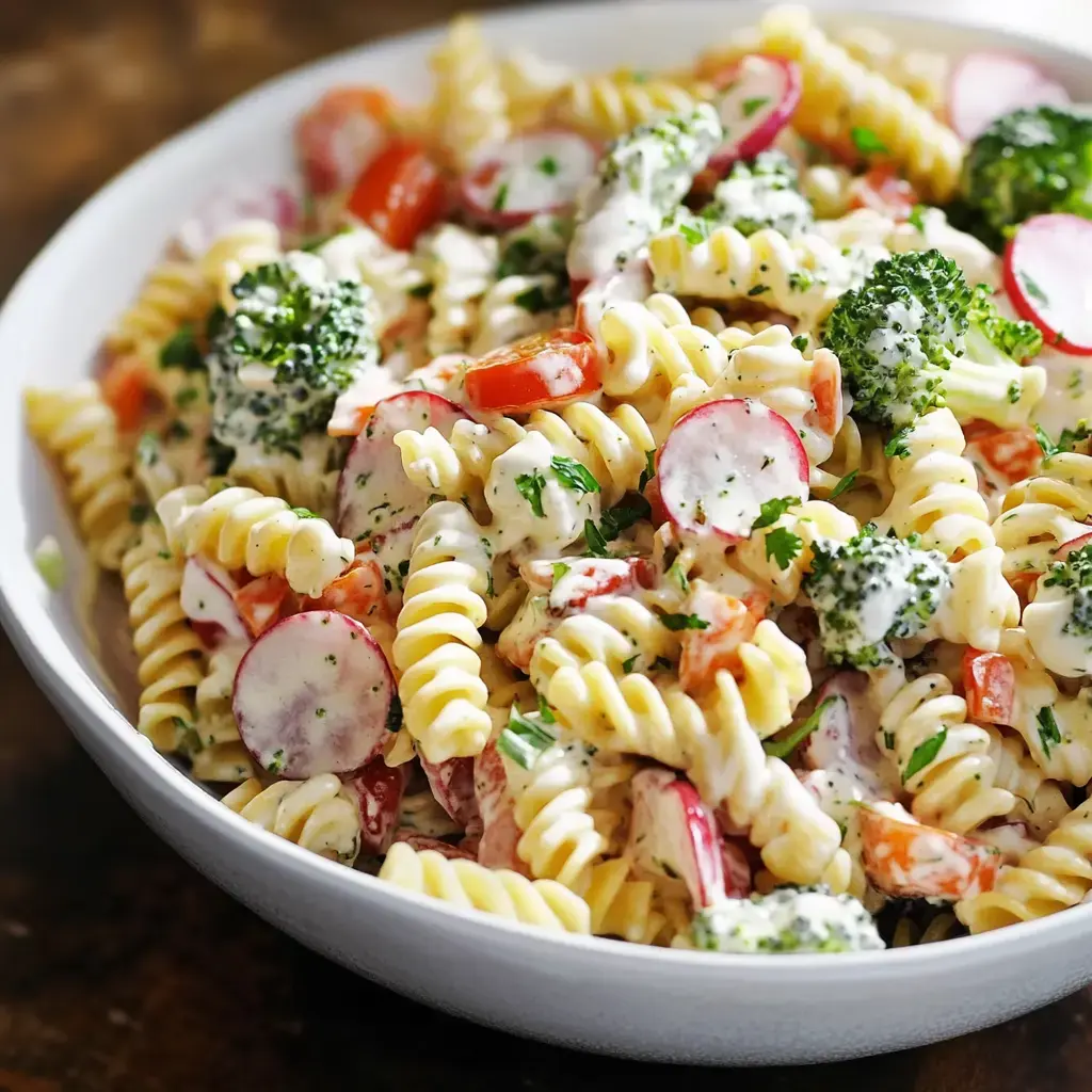 A bowl of pasta salad featuring spiral pasta, broccoli, cherry tomatoes, radishes, and a creamy dressing.