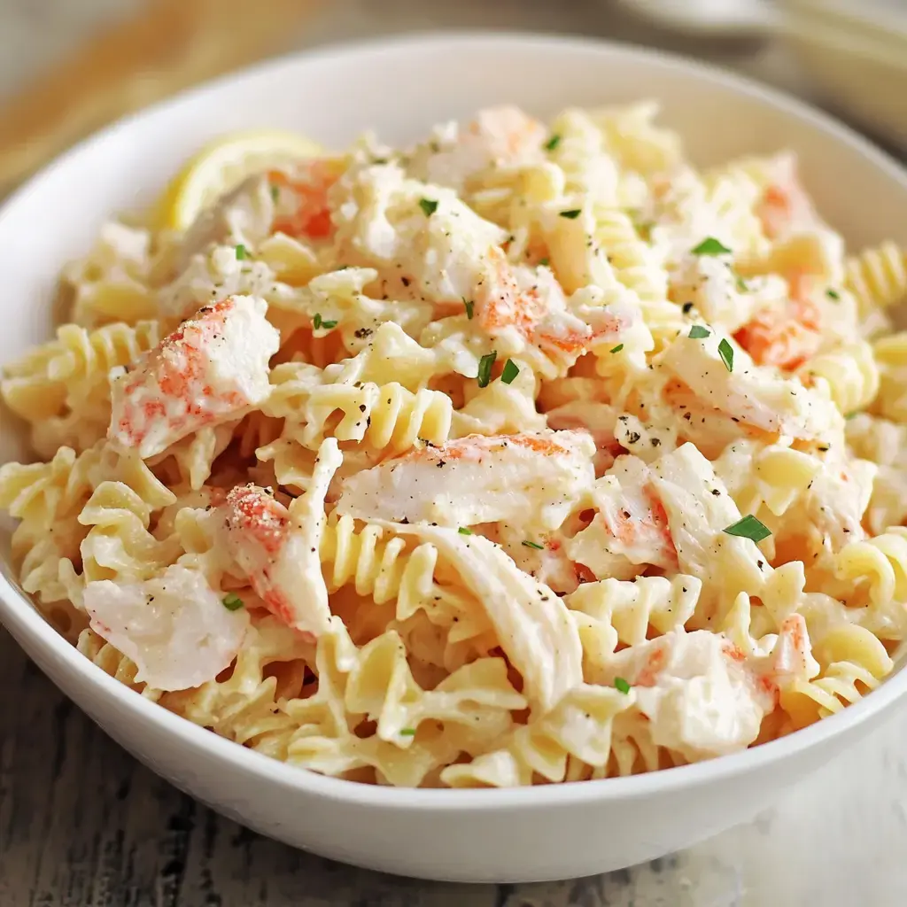 A bowl of creamy pasta with crab meat, garnished with parsley and black pepper.