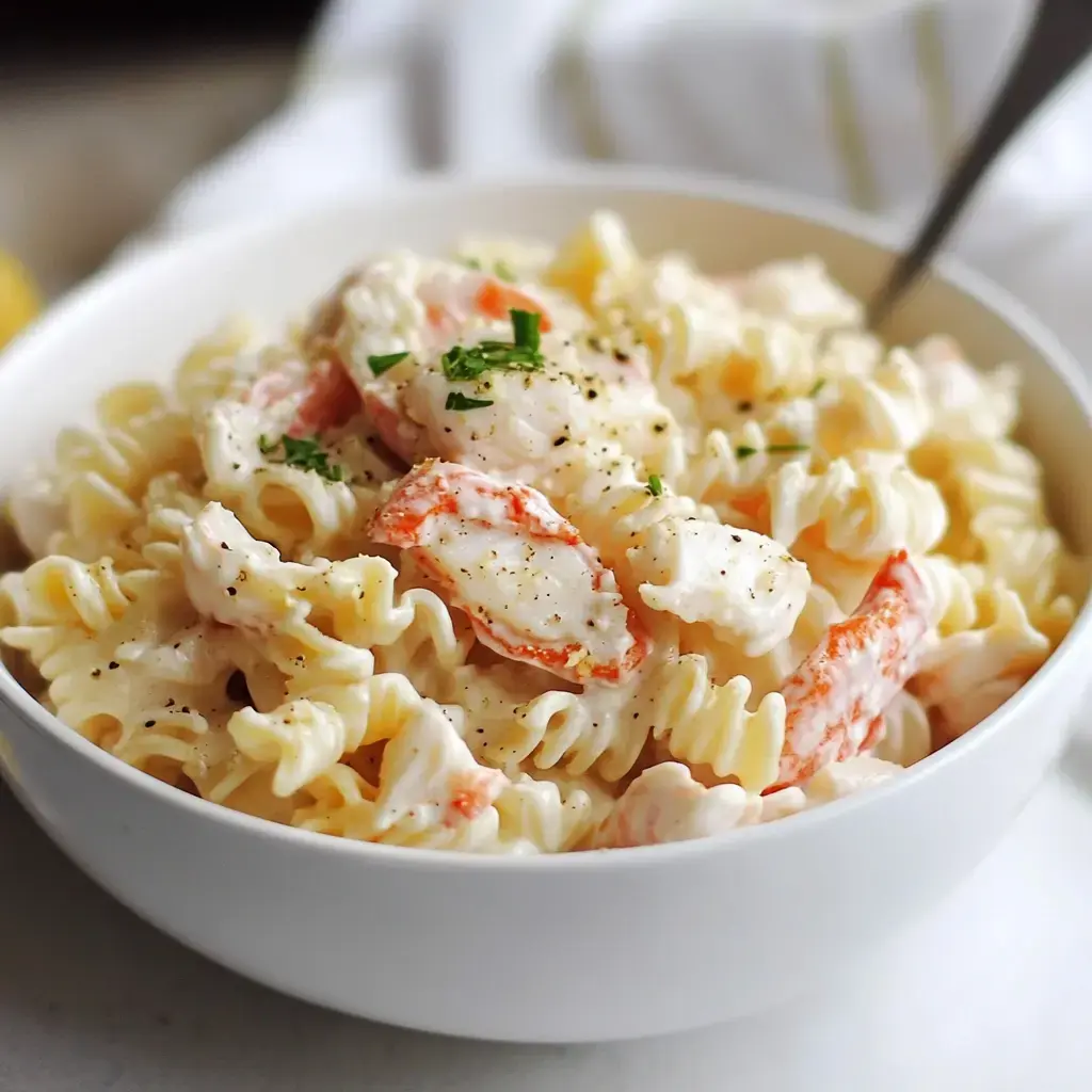 A bowl of creamy pasta with shrimp, garnished with parsley and sprinkled with black pepper.