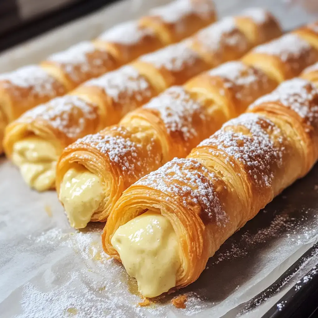 Golden, flaky pastry rolls filled with a creamy filling and dusted with powdered sugar are arranged neatly on parchment paper.