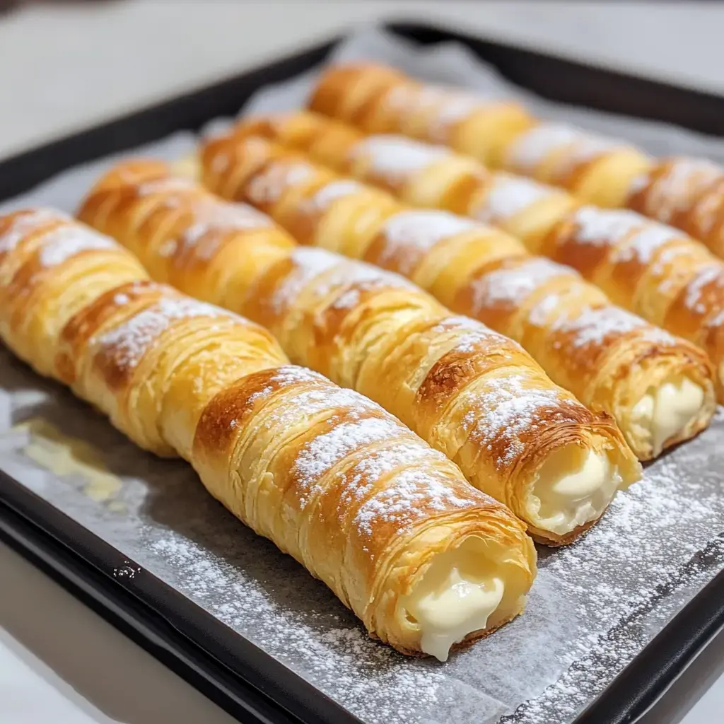 A tray of freshly baked cream-filled pastry rolls dusted with powdered sugar.