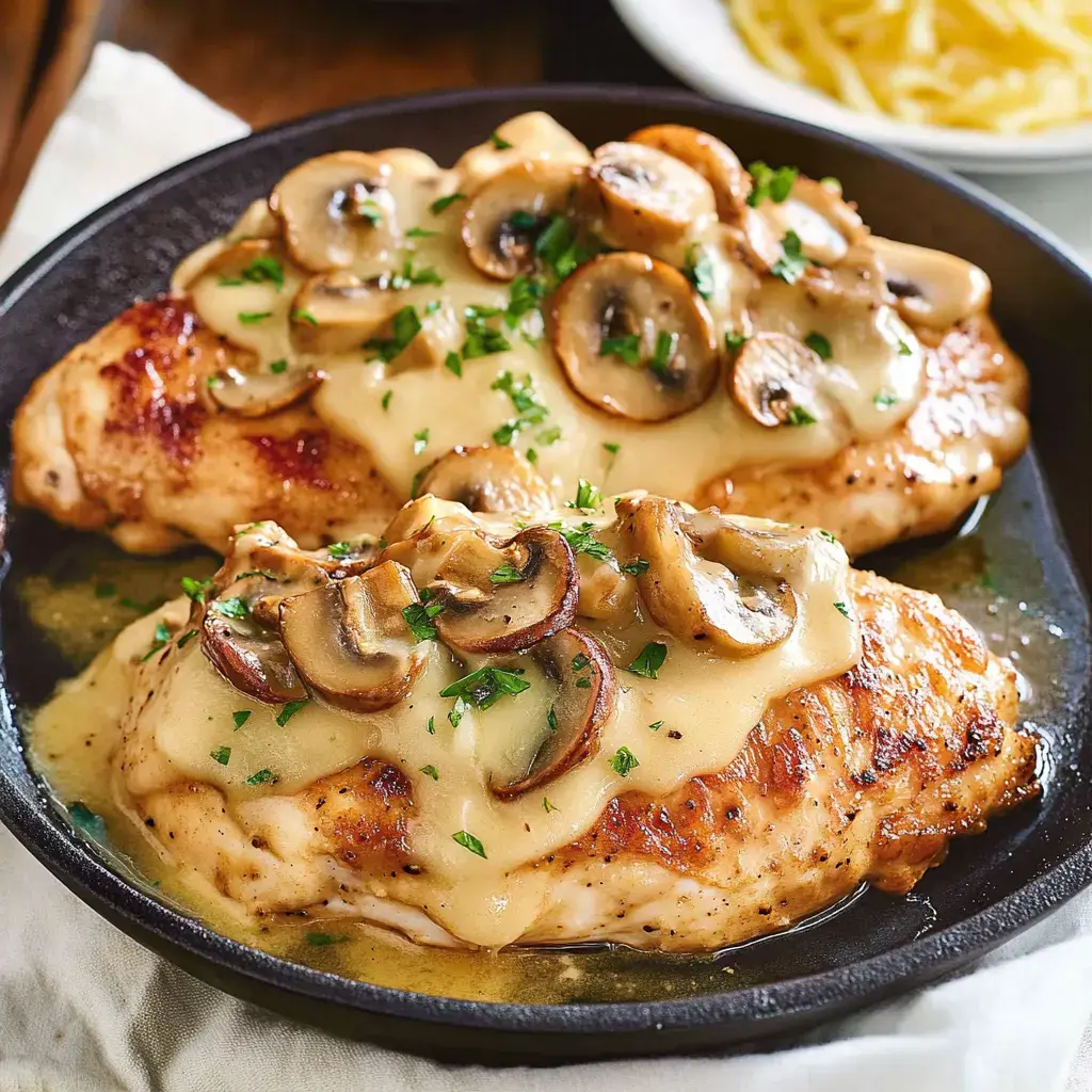 A close-up of two cooked chicken breasts topped with creamy sauce, sautéed mushrooms, and fresh parsley, served on a dark plate.