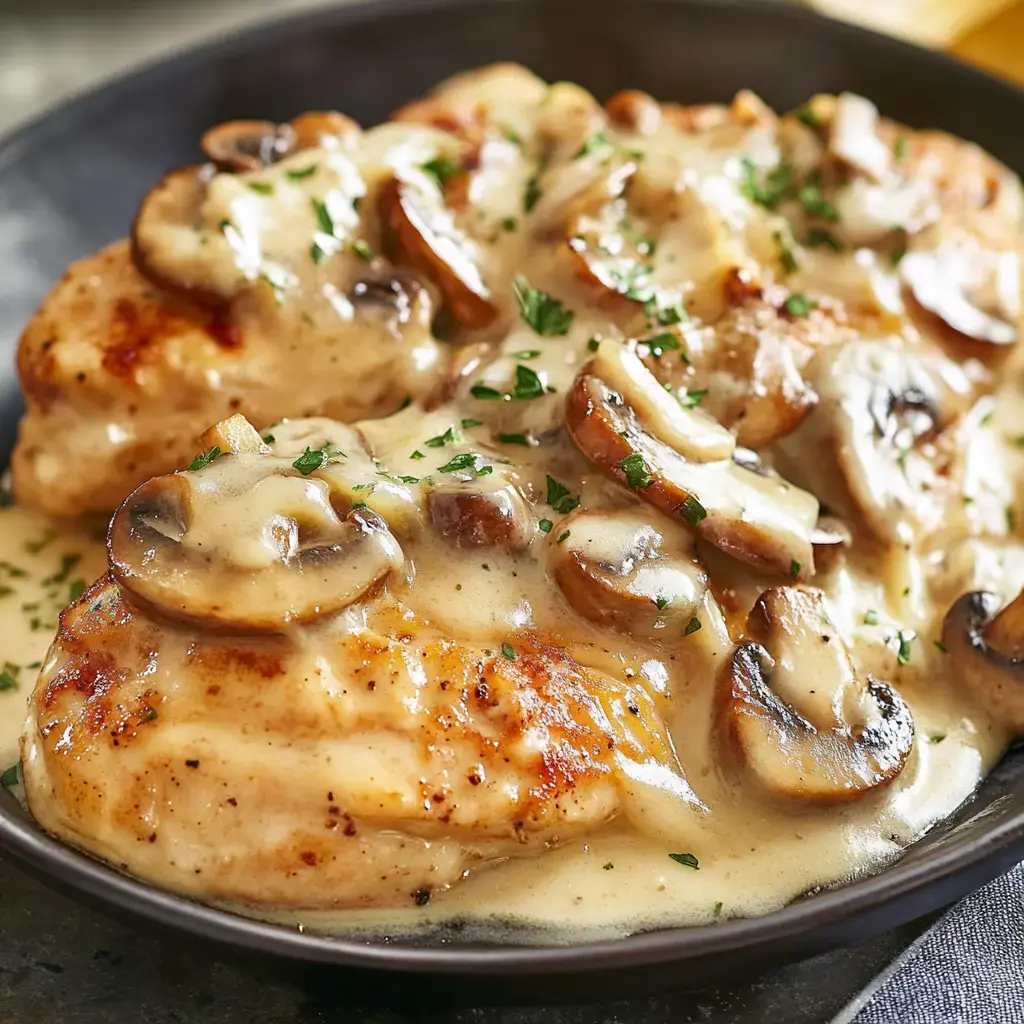 A close-up of two cooked chicken breasts topped with creamy mushroom sauce and garnished with parsley, served on a black plate.