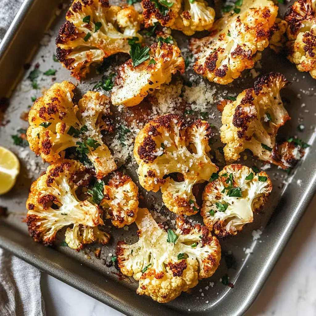 Roasted cauliflower florets are arranged on a baking sheet, garnished with parsley and sprinkled with grated cheese.