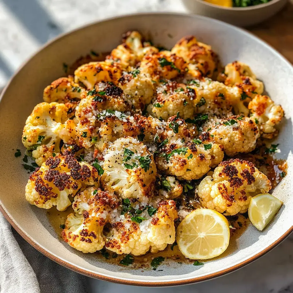 A plated serving of roasted cauliflower garnished with herbs, parmesan cheese, and lemon wedges.