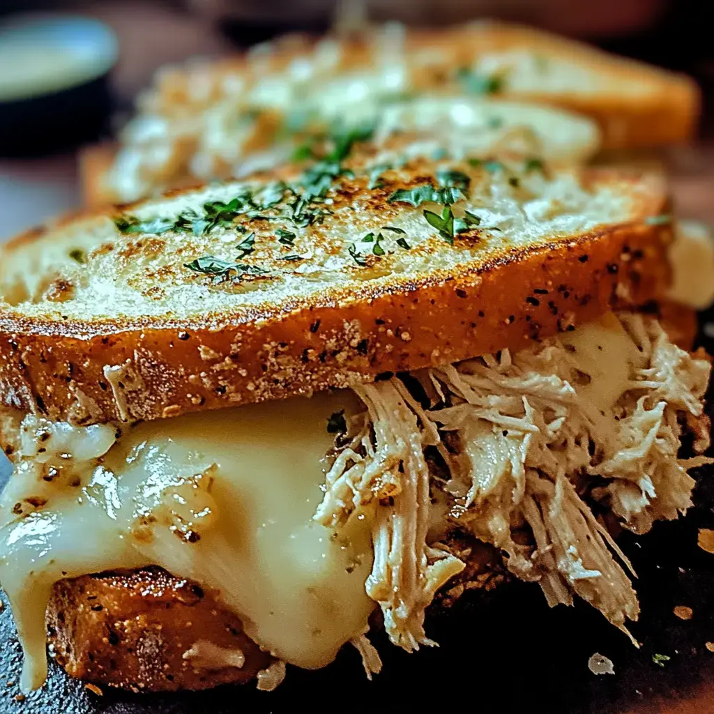 A close-up of a delicious sandwich made with toasted bread, shredded chicken, and melted cheese, garnished with chopped herbs.