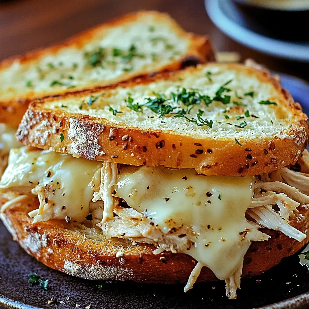 A close-up of a sandwich made with toasted, seeded bread filled with shredded chicken and melted cheese, garnished with parsley.