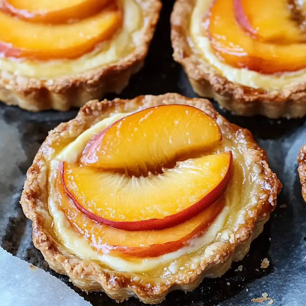 A close-up of individual peach tarts topped with glossy peach slices, placed on a dark surface.