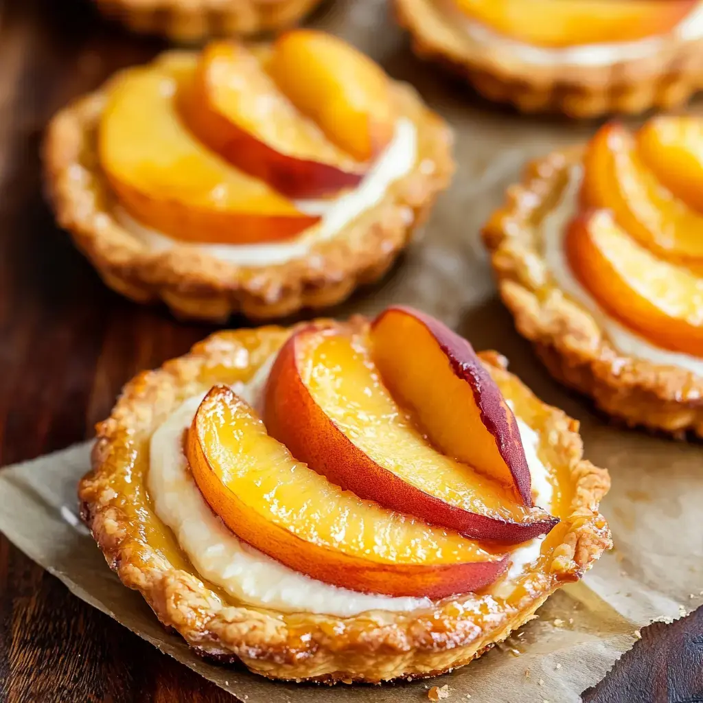 A close-up image of individual peach tarts with sliced peaches atop a creamy filling in a flaky crust.