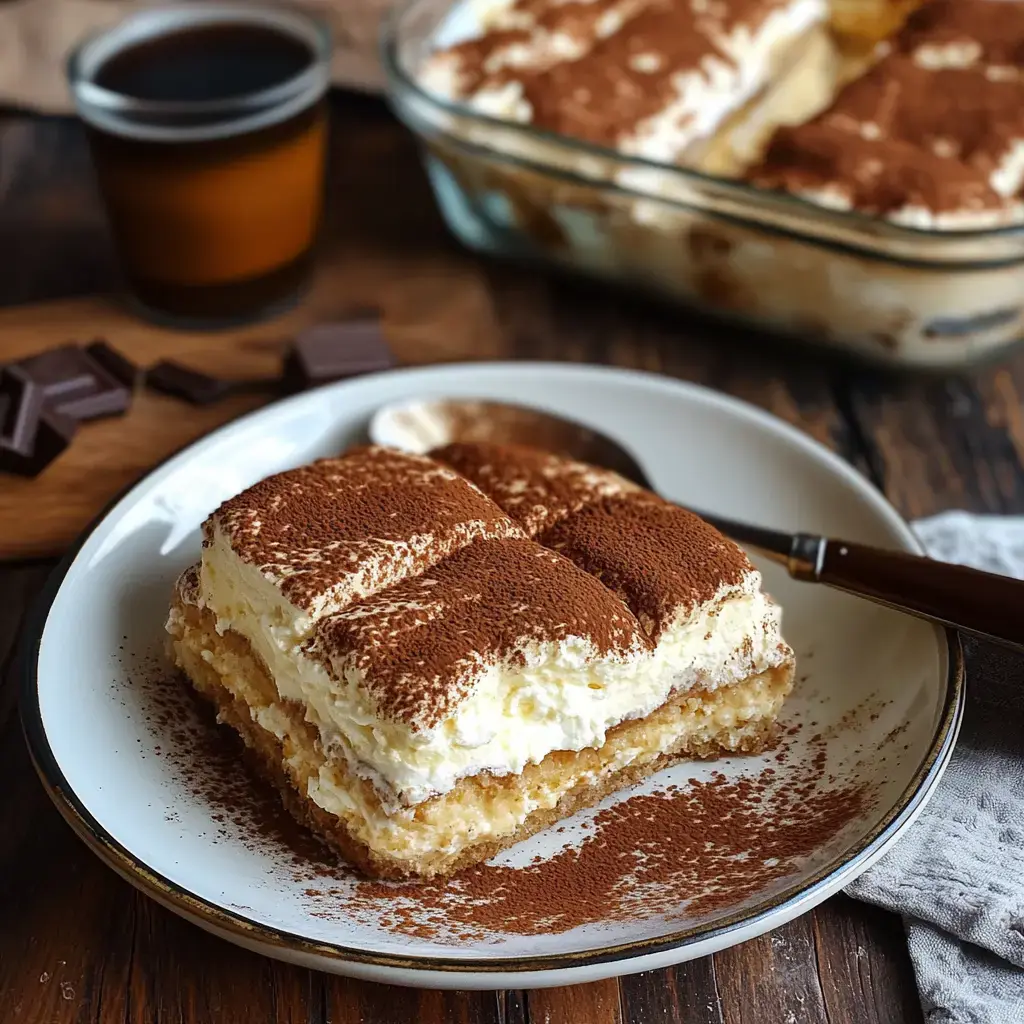 A slice of tiramisu is served on a plate, surrounded by cocoa powder, with a cup of coffee and chocolate pieces in the background.