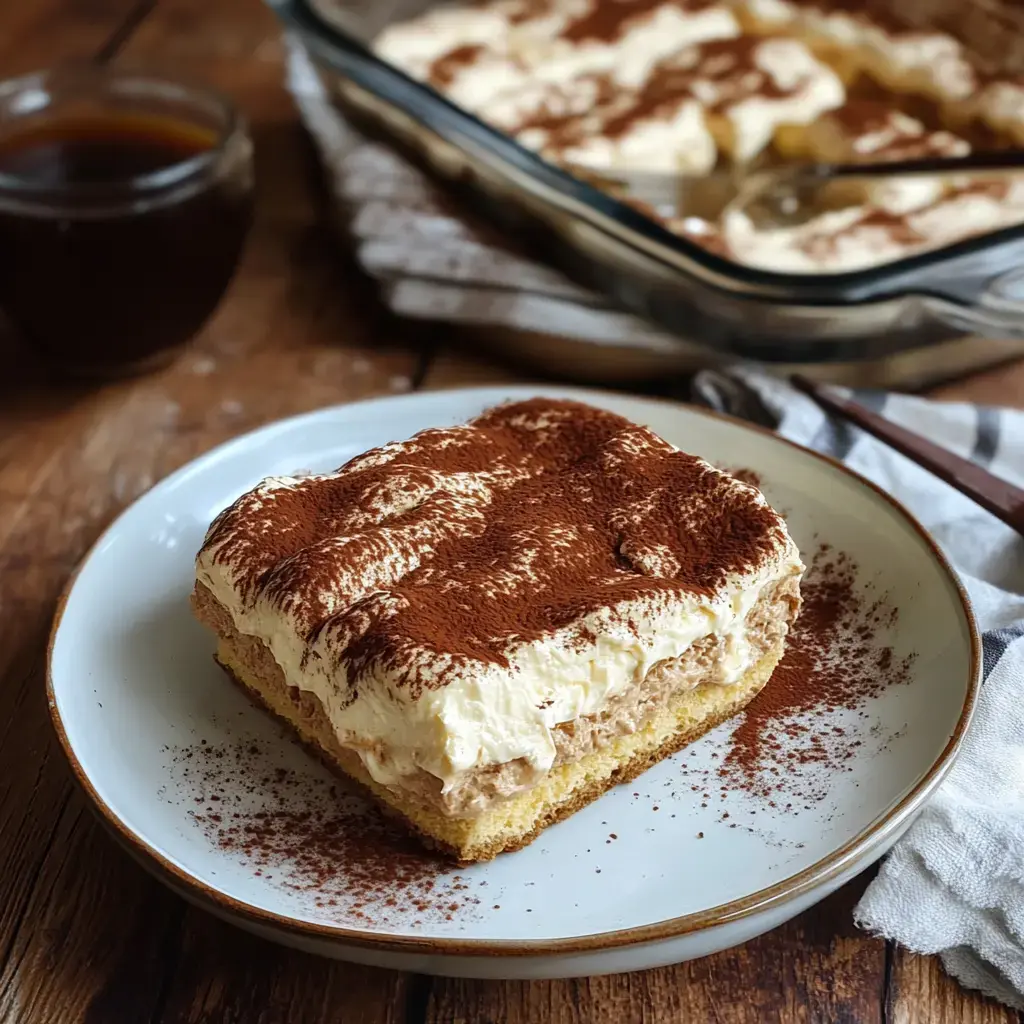 A slice of tiramisu is served on a plate, surrounded by cocoa powder and accompanied by a glass of coffee.