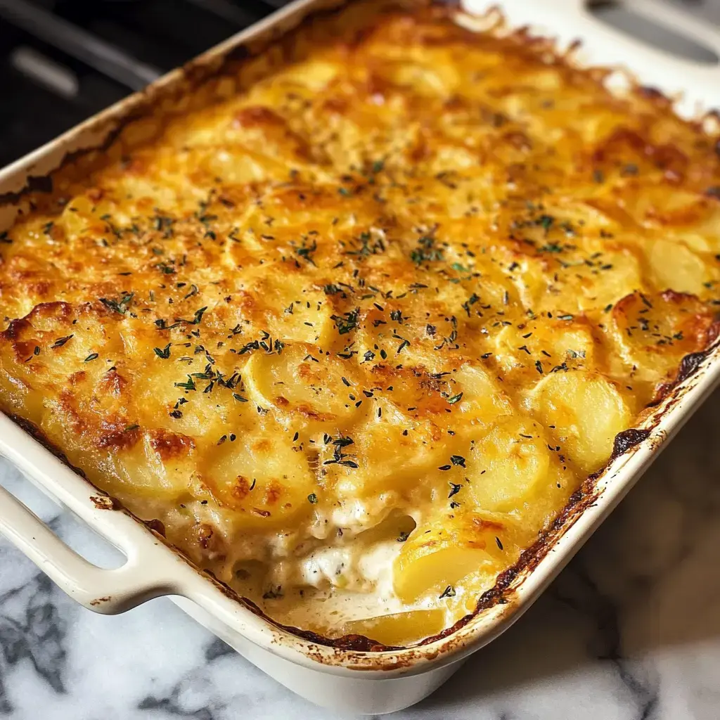 A golden-brown potato gratin is baked in a white dish, topped with herbs and a crispy layer.