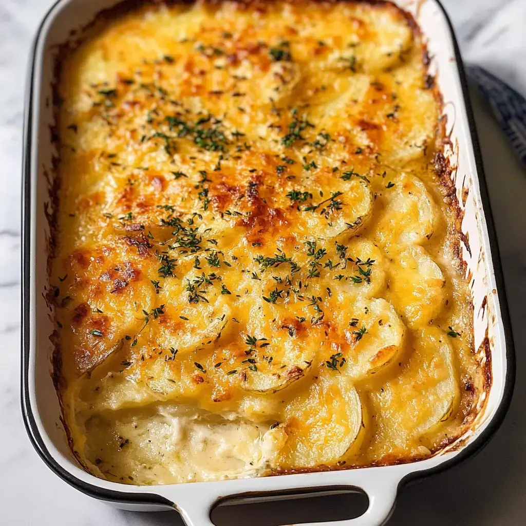 A creamy, golden-brown potato gratin topped with melted cheese and sprigs of thyme in a white baking dish.