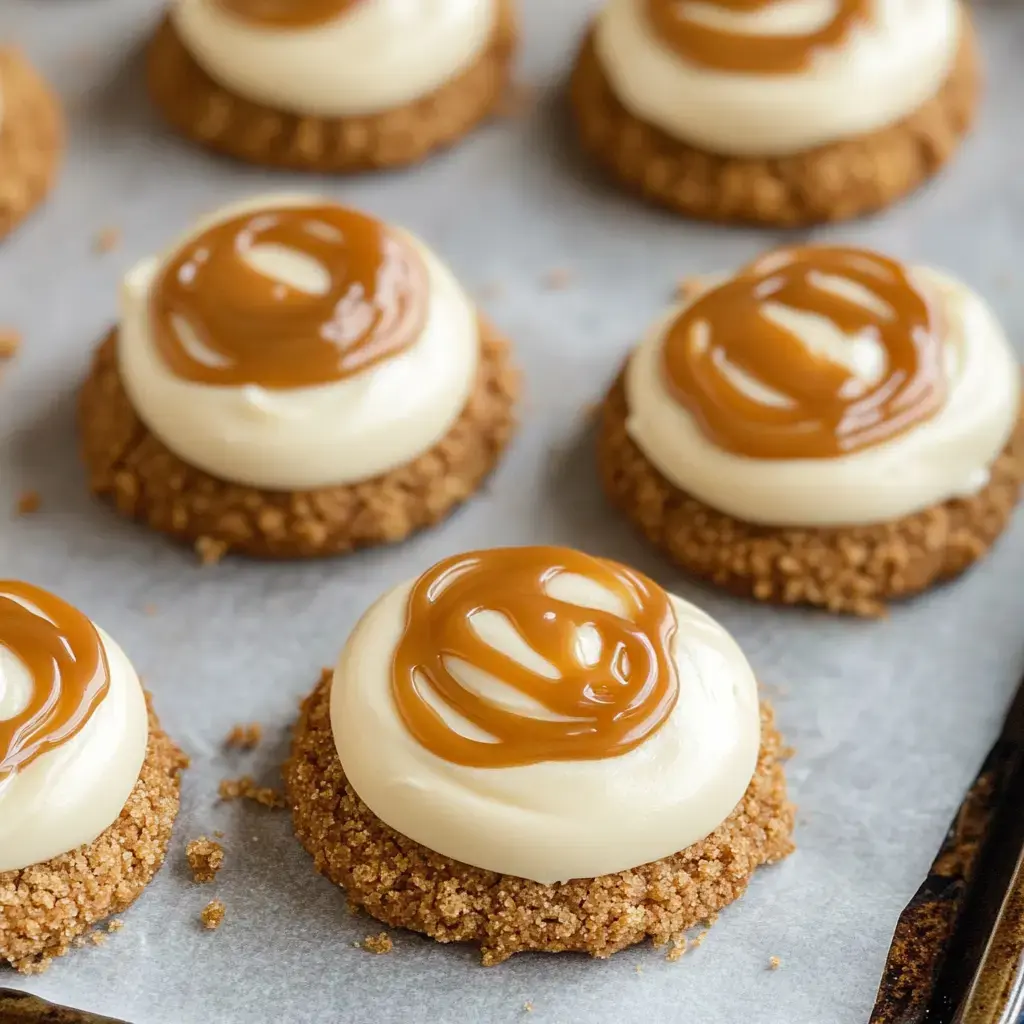 A plate of cookies with a crumbly base, topped with creamy white frosting and drizzled with caramel.