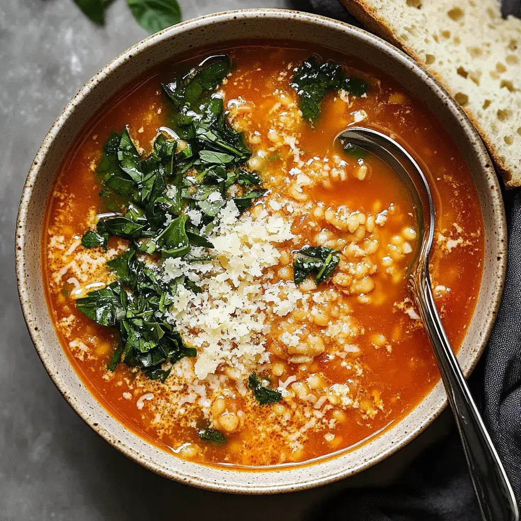 A bowl of hearty soup with chopped greens and grated cheese, accompanied by a piece of bread.