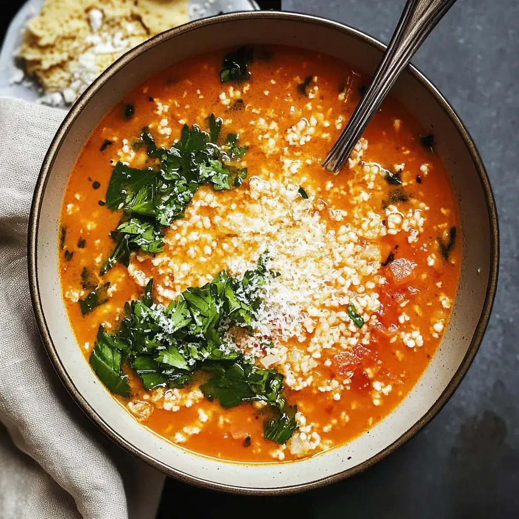 A bowl of orange soup topped with chopped herbs and cheese, with a spoon resting inside and a serving of crackers in the background.