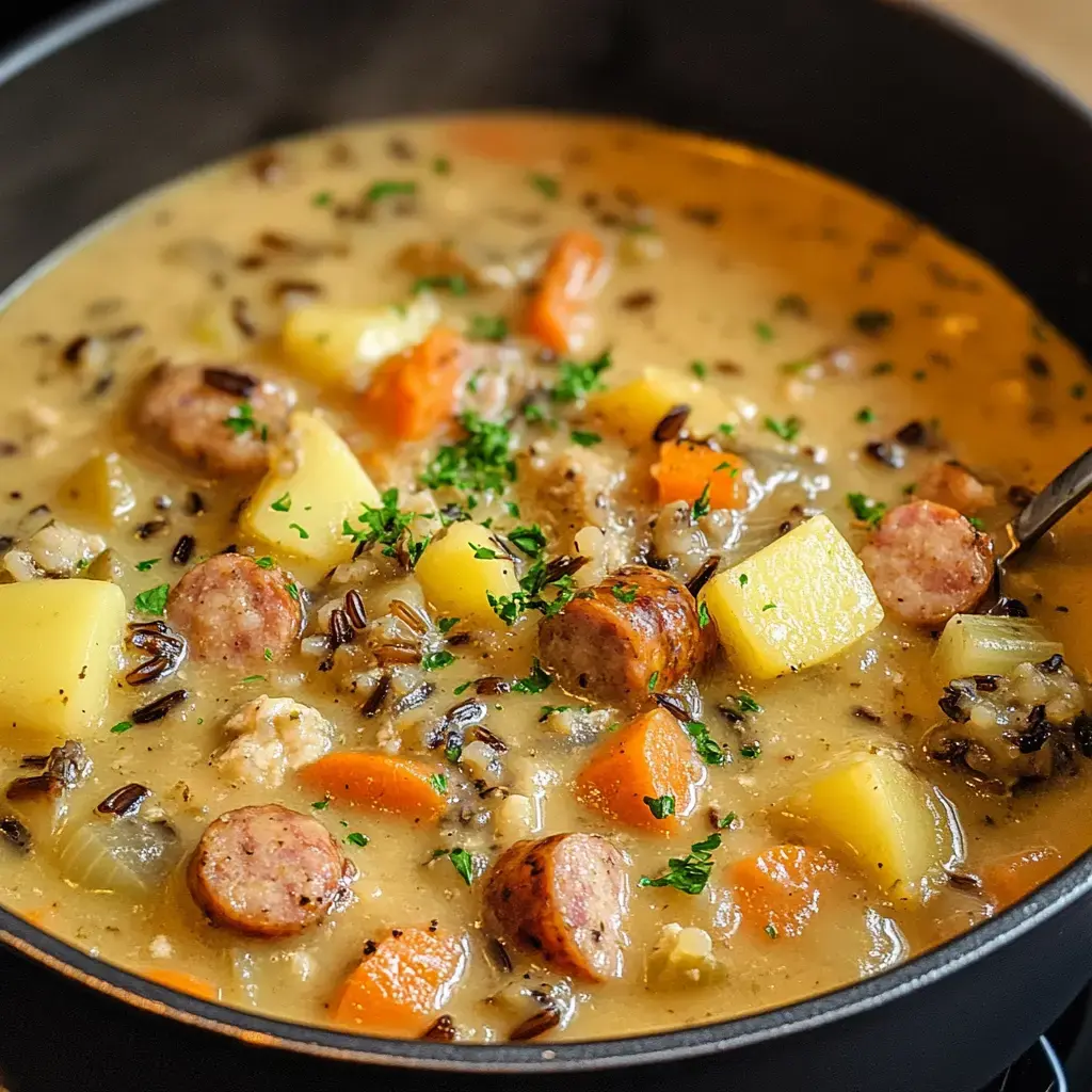 A rich and hearty soup filled with sliced sausage, carrots, potatoes, and wild rice, garnished with green herbs.