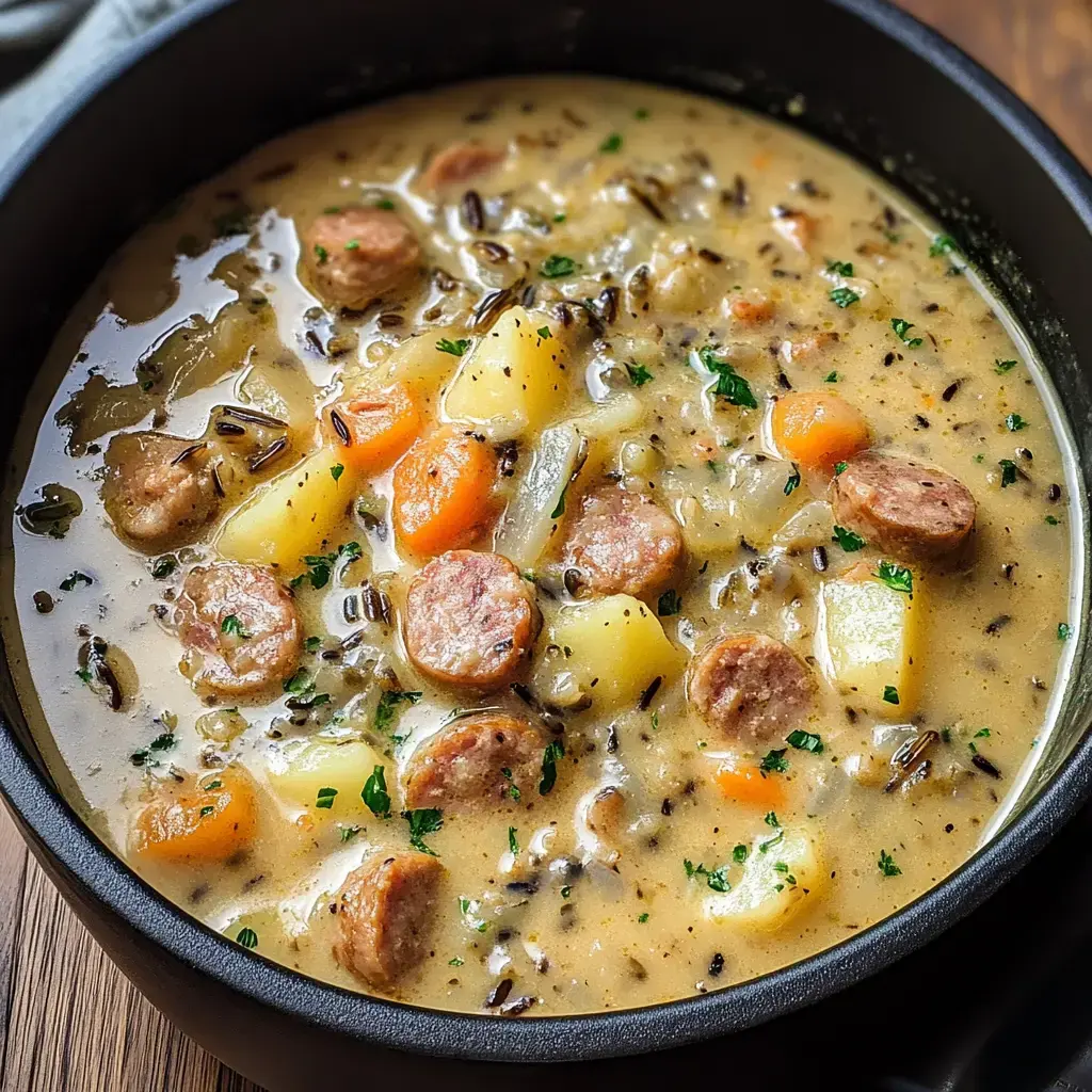 A hearty soup with sausage, carrots, potatoes, and wild rice, served in a black bowl.