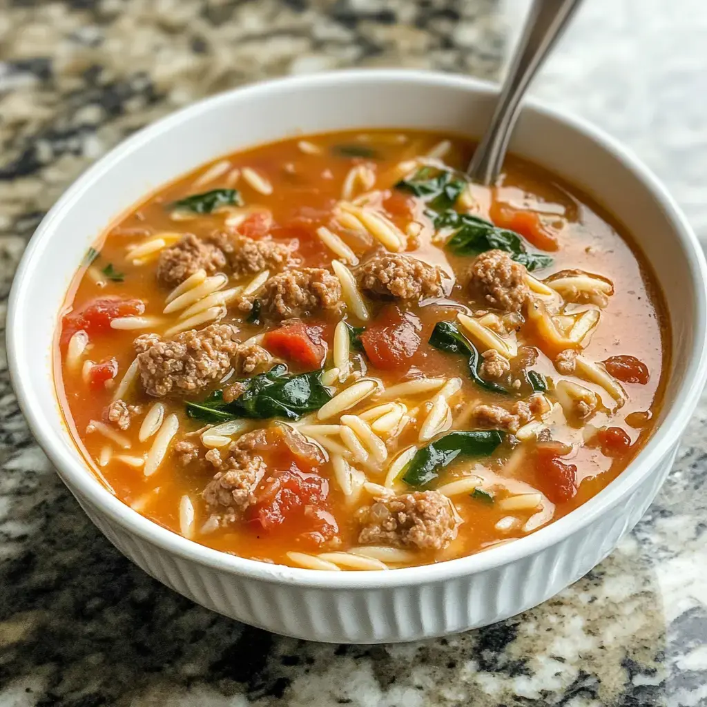 A bowl of soup containing orzo pasta, ground meat, spinach, and diced tomatoes.