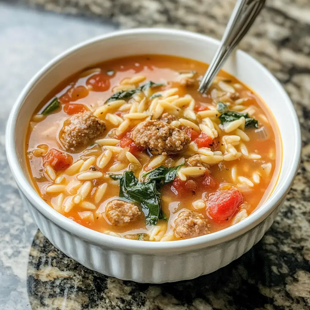 A bowl of soup containing orzo, meatballs, tomatoes, and spinach, placed on a countertop.