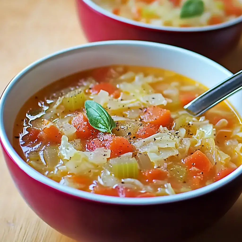 A close-up of a vibrant vegetable soup in a white bowl, featuring pieces of cabbage, carrots, and celery, garnished with a basil leaf.