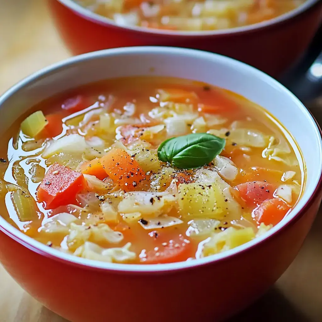 A close-up of a red bowl filled with colorful vegetable soup garnished with a basil leaf.